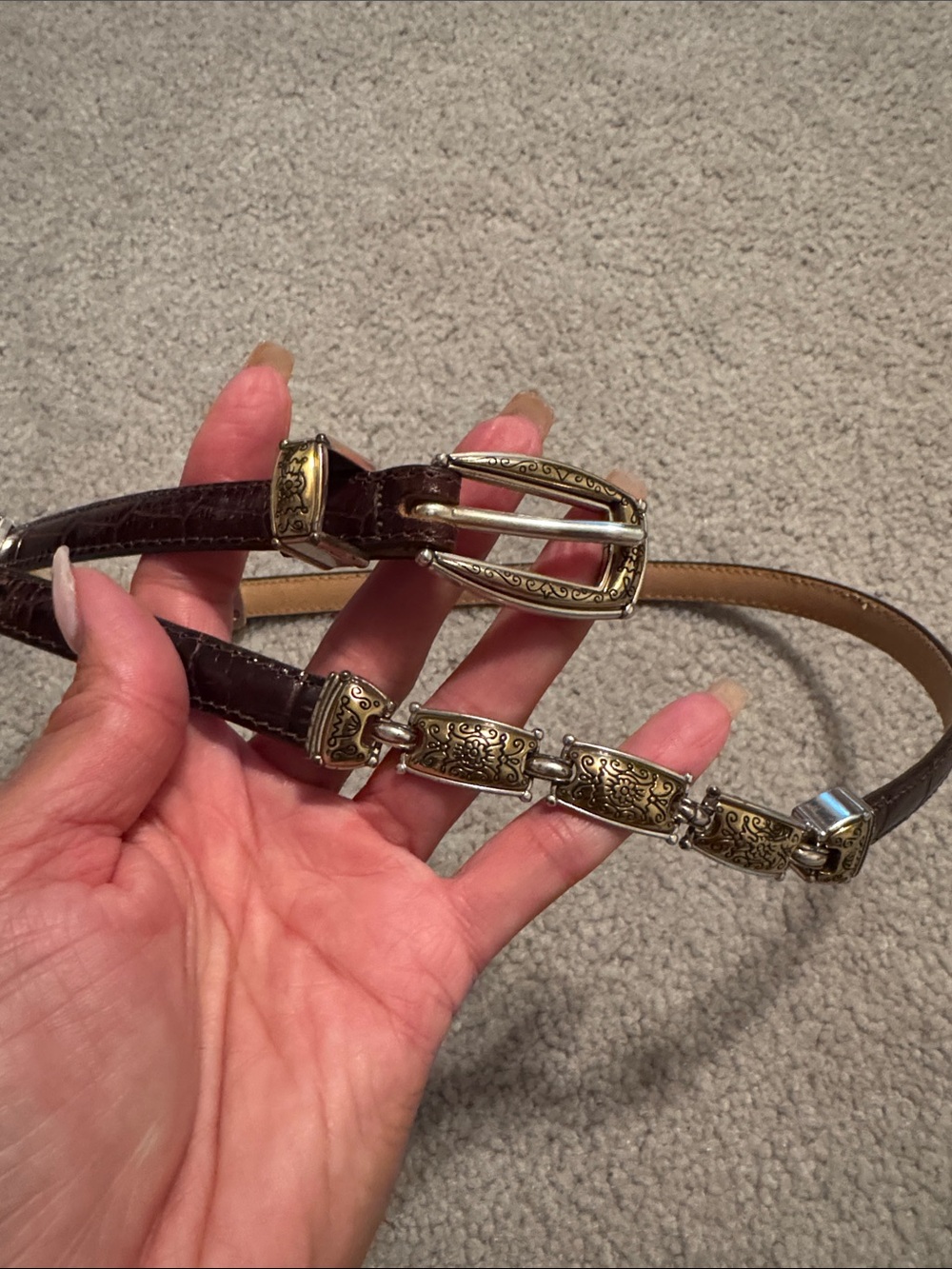 Brighton Thin Croc Embossed Brown Leather Belt with Silver Gold-Tone Accents